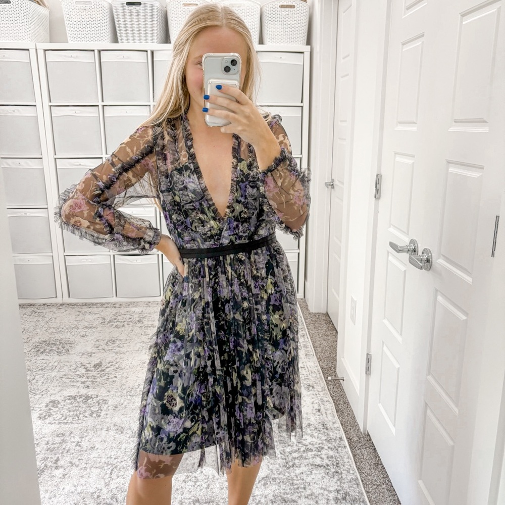 Needle & Thread Floral Long Sleeve Dress - Black and Purple